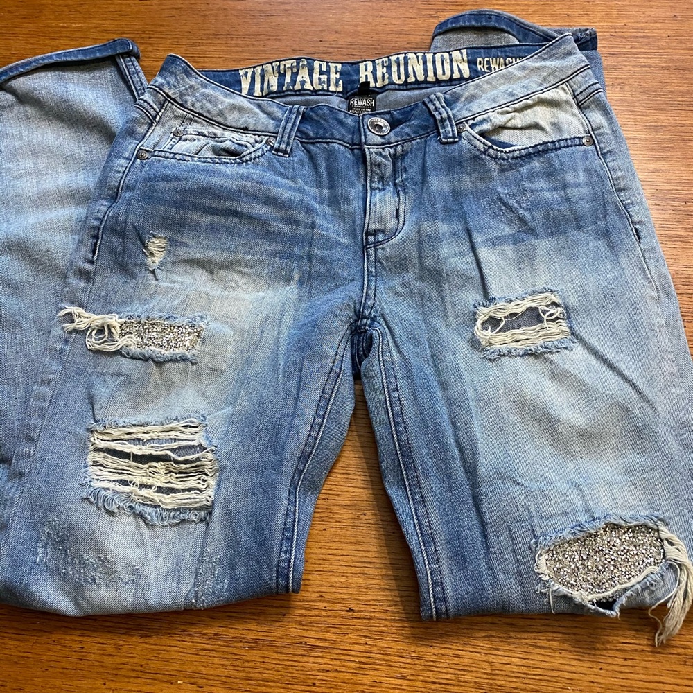 Vintage reunion distressed jeans/ silver glitter